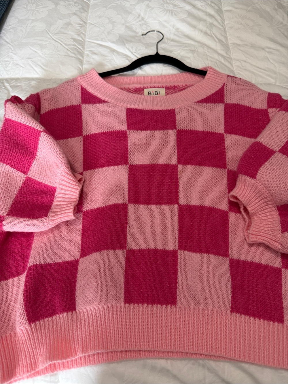 BiBi Two-Tone Pink Checkerboard Crewneck Sweater
